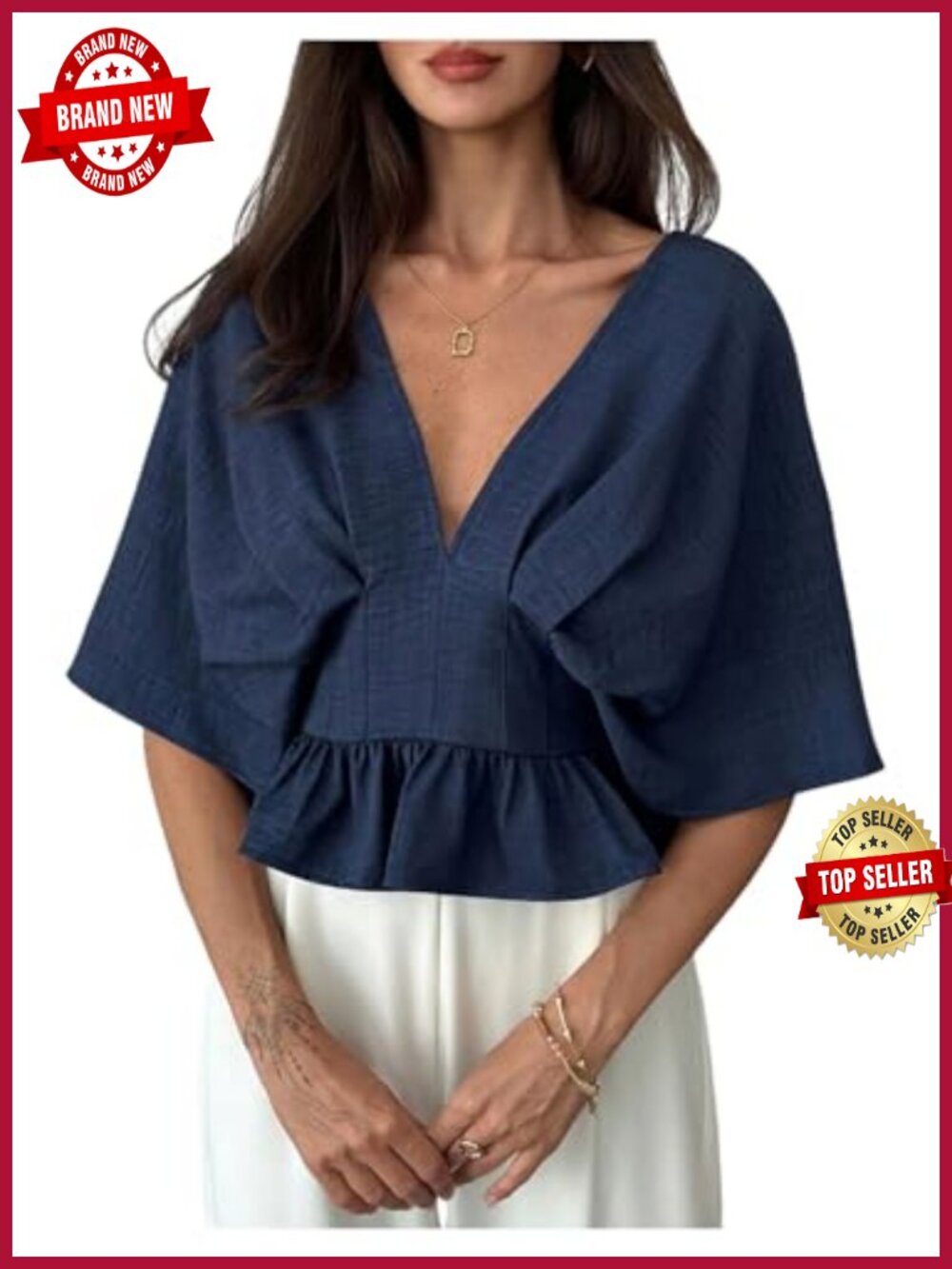 Dolman Sleeve Peplum V Neck Pleated Ruffle Blouse